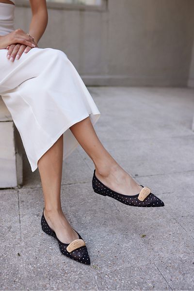 ANGELİNA JONES Rui̇z Women's Black Tul Detail Golden Buckle Ballet