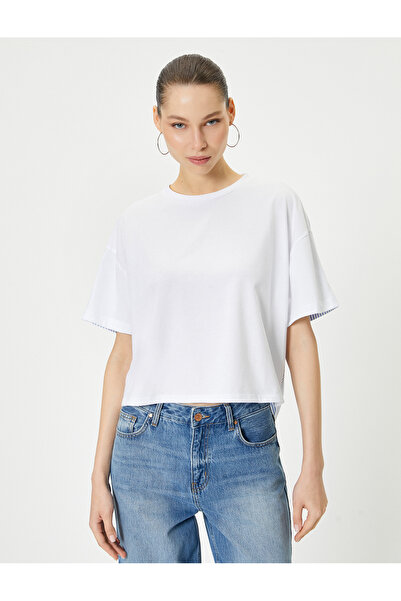 Koton Women's Beige Asymmetric Striped T-Shirt