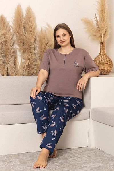 Sude Women's Plus Size Button Collar Combed Cotton Lycra Short Sleeve Thin Pajamas Set P284 - 1 Piece