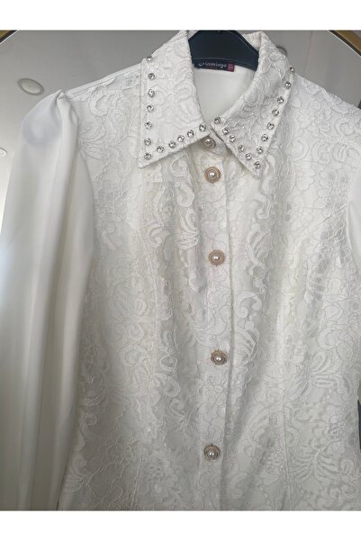 Anka Krep önü dantelli taş detaylı gömlek