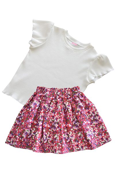 MODA59 Girl's Skirt Suit, Skirt T-Shirt Suit, Floral Skirt Twill Ecru T-Shirt