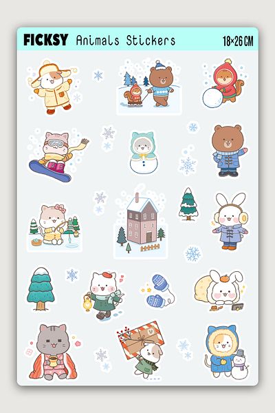 Ficksy Kawaii Style Cute Animals Winter Themed Sticker Set - 65 Pieces of Sticker Stickers