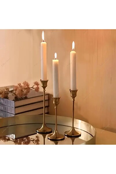 bliss store Vintage Şamdan, Gold Şamdan Metal 3’lü, Hafif Eskitme Şamdan, Mum Tutacağı, Şamdan