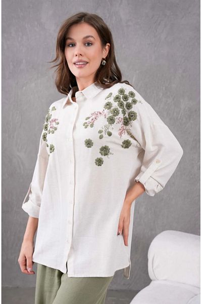 Elçelya Moda Women's Embroidered Linen Oversize Buttoned Shirt