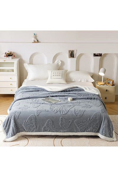 OEM Cocolino fluffy blanket, with fur, 200x230cm, elegantly embossed with Butterflies, made of plush microfiber