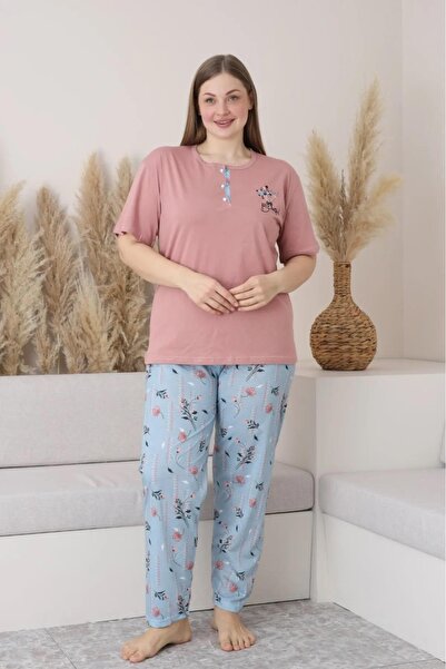 Sude Women's Plus Size Button Collar Combed Cotton Short Sleeve Thin Pajamas Set P127 - 1 Pcs