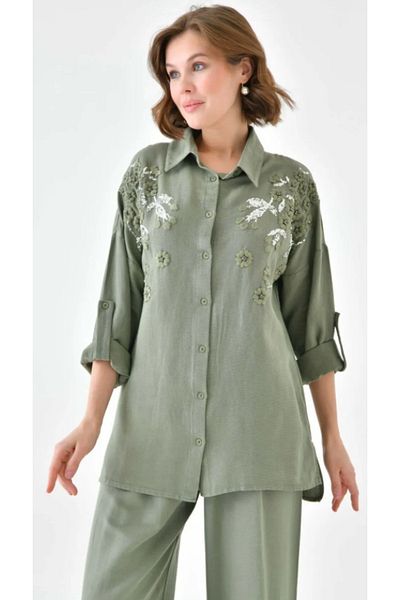 Elçelya Moda Women's Embroidered Linen Oversize Buttoned Shirt