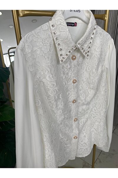 Anka Krep önü dantelli taş detaylı gömlek