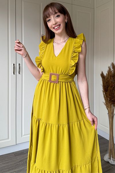 Dilay Gökoğlu Butik Rochie lungă cu mâneci muștar și fante
