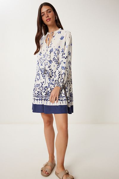 Lovelyİstanbul Patterned Flowing Summer Dress Cream Navy Blue Lwf0034