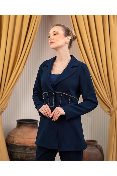 YAFA CLOTHING & ACCESSORIES Hand Embroidered Jacket Trousers Double Suit Navy Blue