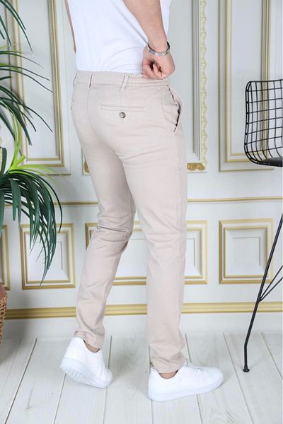 PHANTOM JEANS Ανδρικό κρεμ Slim Fit Stretchy Lycra Dobby Λινό Παντελόνι με κορδόνια Ζώνη Μέση Ελαστική Κομψό Παντελόνι