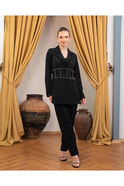 YAFA CLOTHING & ACCESSORIES Hand Embroidered Jacket Pants Double Suit Black