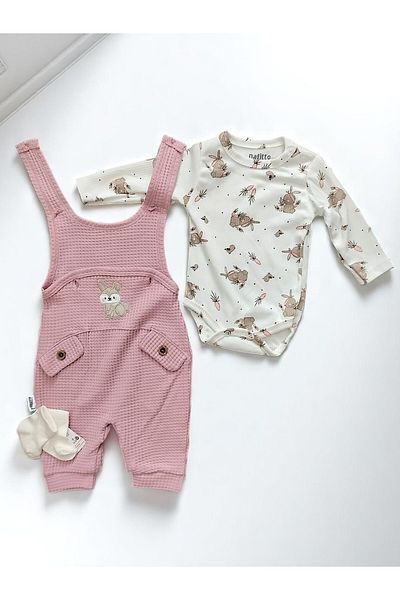 MİLAYS LİFE HOME COLLECTİON Rabbit Embroidered Baby Jumpsuit with Socks Gifted 100% Cotton