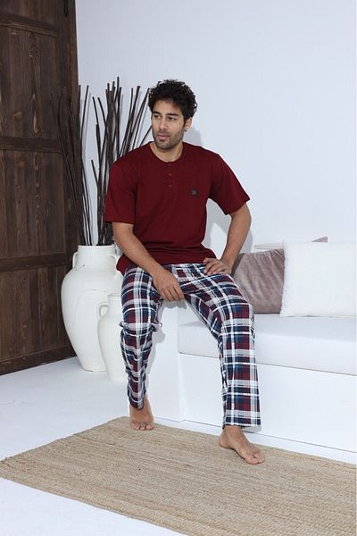 Meri Men's Burgundy Long Sleeve Buttoned Round Neck Plaid Pattern Men's Pajama Set