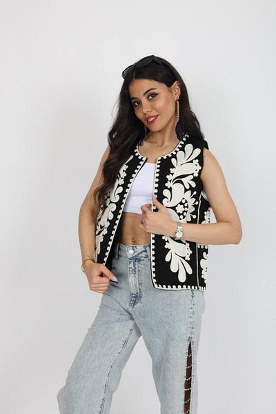 Stil Sepeti Women's Black Linen White Embroidery Embroidered Lined Vest Esc-10002002