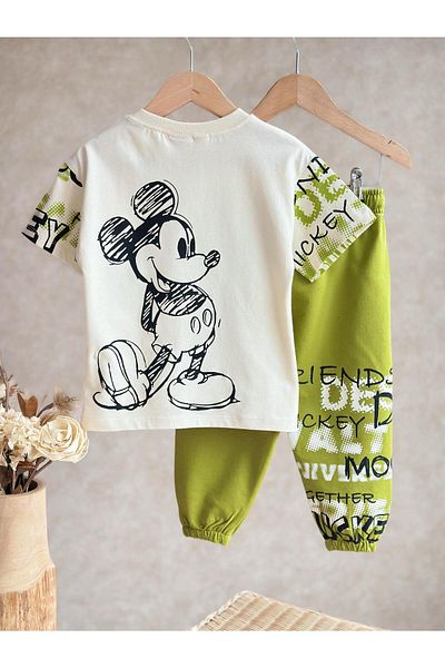 Magu Boys' Cotton Green Disney Mickey & Friends Printed T-Shirt and Sweatpants Set