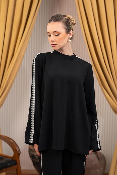 YAFA CLOTHING & ACCESSORIES Striped Blouse Trousers Double Suit Black
