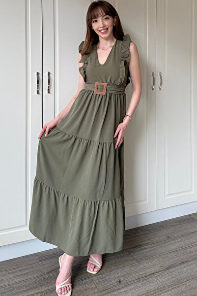 Dilay Gökoğlu Butik Μακρύ φόρεμα με βολάν με χακί μανίκι