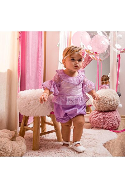 Magu Baby Girl Lilac Lace Detailed Flounced Blouse Shorts Set