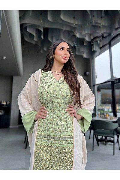 Genrics Embroidered cotton jalabiya with belt, free size, beige and turquoise, from 55 to 110 kg