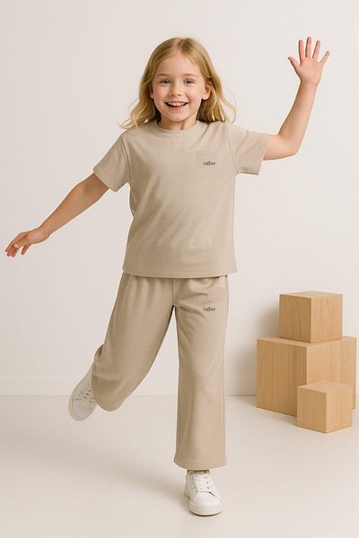 Magu Girl's Beige Basic Text Printed Tracksuit Set