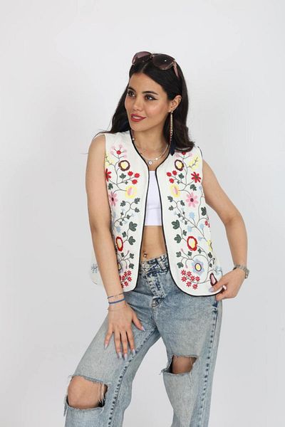 Stil Sepeti Women's White Linen Colored Embroidery Embroidered Lined Vest Esc-10002003
