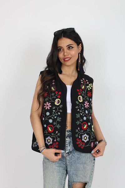 Stil Sepeti Women's Black Linen Color Embroidery Embroidered Lined Vest Esc-10002003