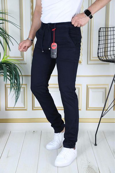 PHANTOM JEANS Men's Navy Blue Slim Fit Flexible Lycra Dobby Linen Lace-Up Belted Stylish Trousers with Elastic Waist