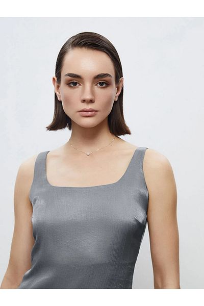 LC Waikiki Soulife Gray Square Collar Satin Evening Dress