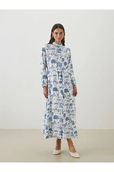 LC Waikiki LCW Rochie din amestec modal cu model albastru modest cu guler judecător