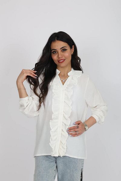 Stil Sepeti Women's Ecru Judge Collar Front Ruffle Long Sleeve Shirt Esc-1000789120
