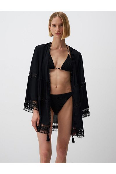 Jimmy Key Open Collar Long Sleeve Embroidered Kimono