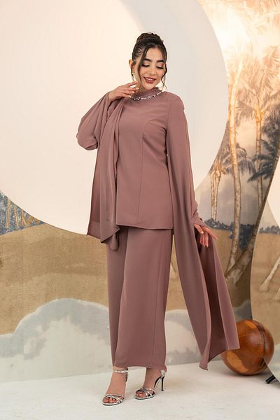YAFA CLOTHING & ACCESSORIES Embroidered Collar Blouse Trousers Double Suit Brown