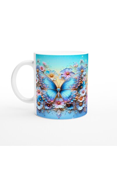 Generic Brand Blue Glittering Butterfly and Flowers Themed Printed Mug