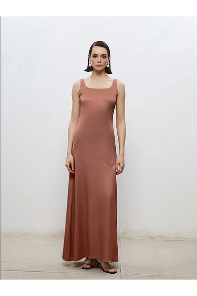 LC Waikiki Soulife Pink Square Neck Satin Evening Dress