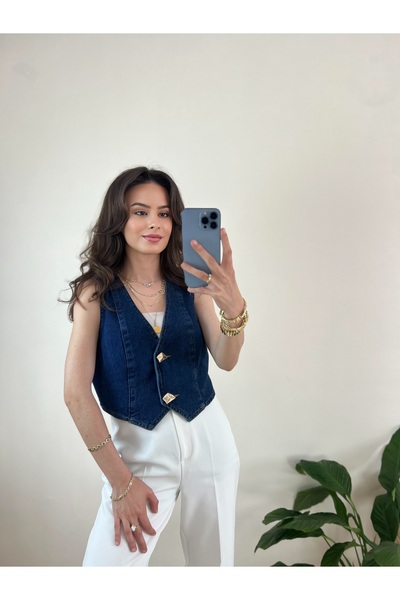 By Hanife Beyazateş KADIN PREMİUM GOLD DÜĞMELİ DENİM CROP BOY YELEK