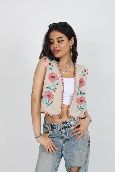 Stil Sepeti Women's Beige Linen Colored Embroidery Embroidered Lined Vest Esc-10002005