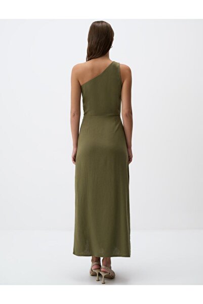 Jimmy Key One Shoulder Slit Midi Linen Dress