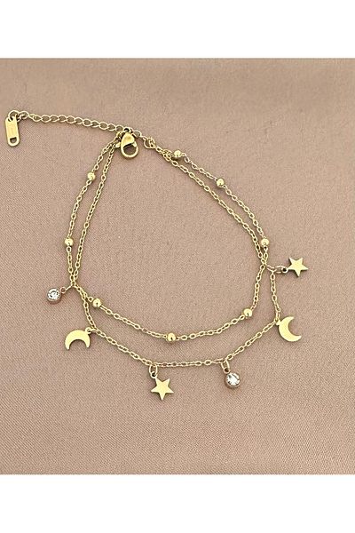 lolajewelry Luxury Steel Gold Color Dorica Chain Zircon Stone Moon Star Steel Anklet
