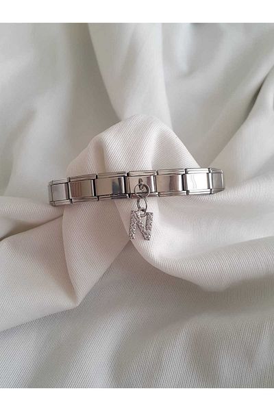 bijoux uniques Steel N Letter Zircon Stone Italian Charm Bracelet