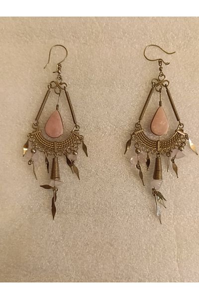 Butik Tülin Authentic Handmade Silver Alpaca Natural Stone Pink Quartz Dangle Earrings 11X3.5 cm Made in Chile