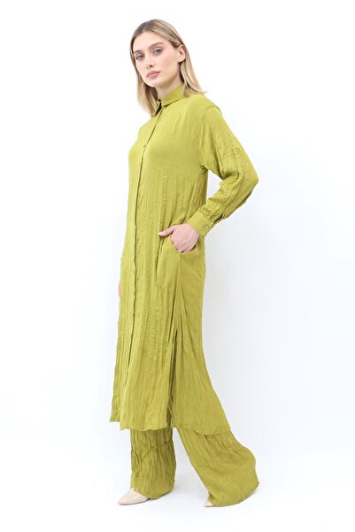 Yaqa Krinkıl Kumaş Cindrella Uzun Gömlek - Yeşil