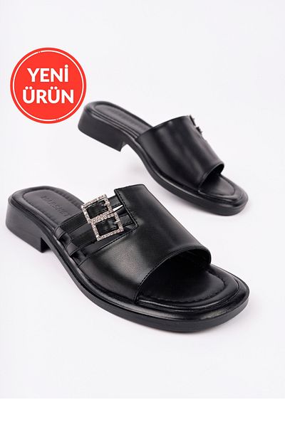 MARSHETTA Stella Model Stone Buckle Detailed Daily Black Women's Slippers