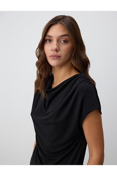 Jimmy Key Relaxed Fit Draped Collar Short Sleeve Midi Dress