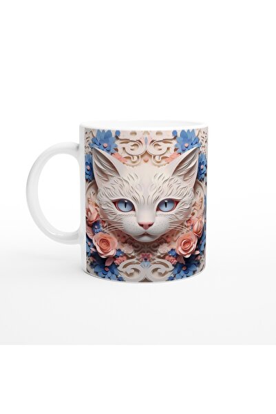 Generic Brand Cat Illustration Decorated with Flowers Themed Printed Mug