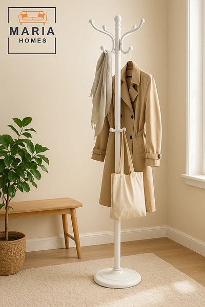 MARIA HOMES White Standing Coat Rack with Rounded Hooks and Stable Circular Base