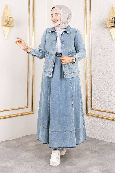 Tesettür Dünyası Pocket Buttoned Skirt Jeans Suit Tsd250184 Light Blue
