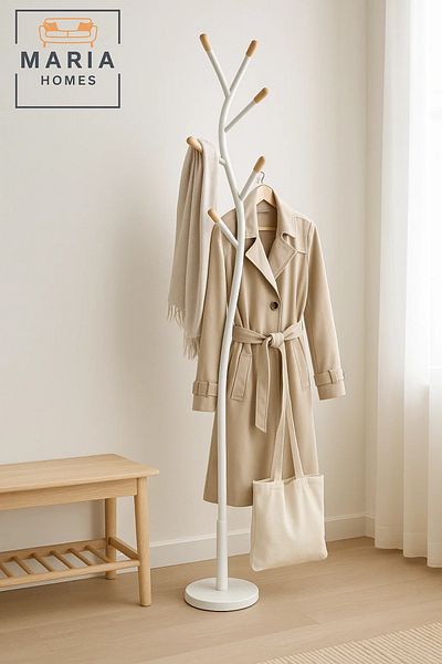 MARIA HOMES Curved Tree-Inspired White Metal Coat Rack with Wood-Tip Hooks