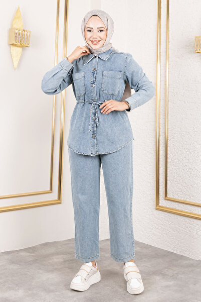 Tesettür Dünyası Drawstring Waist Denim Suit Tsd250186 Light Blue